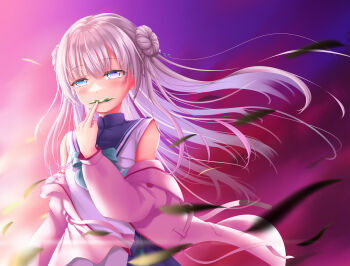 1girl absurdres anemoi bare_shoulders blue_bow blue_bowtie blue_dress blue_eyes blurry blush bow bowtie cardigan cardigan_partially_removed chinese_commentary commentary_request cowboy_shot day depth_of_field double_bun dress expressionless eyes_visible_through_hair falling_leaves floating_clothes floating_hair hair_between_eyes hair_bun half-closed_eyes hand_up highres leaf leaf_in_mouth long_hair long_sleeves looking_at_viewer multicolored_eyes open_cardigan open_clothes outdoors pink_cardigan pink_eyes purple_sky school_uniform sidelighting sky sleeveless sleeveless_dress solo tsujikura_spica two-tone_dress two-tone_eyes ultra258 very_long_hair white_dress white_hair wind