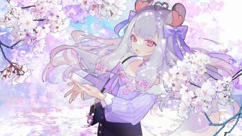 Rule 34 | 1girl, animal ears, banbanjiiiiiii, bow, bowtie, brooch, character request, commentary request, floating hair, flower, grey hair, hair bow, highres, holding, holding phone, indie virtual youtuber, jewelry, long hair, long sleeves, looking at viewer, open mouth, phone, pink eyes, purple bow, purple bowtie, purple shirt, shirt, solo, striped clothes, striped shirt, upper body, virtual youtuber, white flower