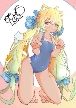 1girl :/ ahoge animal_ear_fluff animal_ears artist_name bare_shoulders barefoot blonde_hair blue_bow blue_one-piece_swimsuit bow collarbone covered_navel dot_nose expressionless fox_ears fox_girl fox_tail full_body hair_between_eyes hair_bow hair_ornament highres kneeling long_hair looking_at_viewer one-piece_swimsuit orange_eyes original parted_bangs paw_pose plaid_bow sidelocks signature simple_background solo star_(symbol) star_hair_ornament swimsuit tail tan tanline thighs totomoto twintails very_long_hair