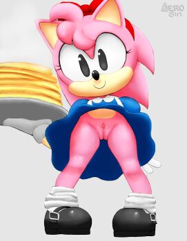 1girl aerosin amy_rose animal animal_ears black_eyes black_shoes blue_dress bow classic_amy_rose dress food furry gloves grey_background hair_bow hairband hedgehog hedgehog_girl highres holding holding_plate loli loose_socks mary_janes no_panties pancake pancake_stack pink_fur plate puffy_sleeves pussy red_bow sega shoes short_sleeves skirt smile socks sonic_(series) upskirt white_gloves white_socks