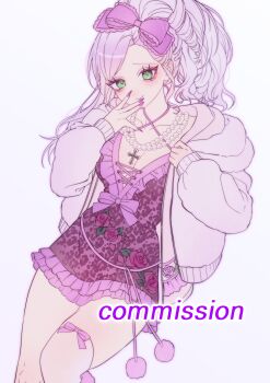 1girl absurdres aegyo_sal agejo_gyaru animal_print bow bow_legwear breasts cleavage commentary_request commission cowboy_shot crepe_commission criss-cross_straps cross cross_necklace curly_hair curtained_hair dress dutch_angle eyeshadow floral_print frills green_eyes gyaru hair_bow hand_up highres hood hoodie jewelry korean_commentary leopard_print lipstick m_psycho_83 makeup necklace open_clothes open_hoodie original pearl_necklace pink_bow pink_hair pink_hoodie pink_nails pom_pom_(clothes) red_eyeshadow rose_print short_dress simple_background single_sidelock single_thighhigh solo thighhighs watermark white_background