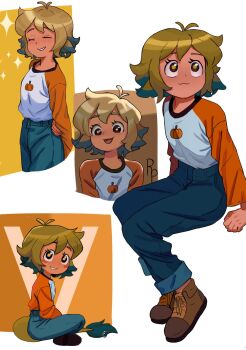 1girl black_eyes blonde_hair blue_hair closed_eyes closed_mouth highres invisible_chair long_sleeves looking_at_viewer looking_up multiple_views open_mouth orange_shirt pants raglan_sleeves realyskp shirt shoes short_hair sitting smile sparkle standing tail teeth the_owl_house vee_(the_owl_house) white_background yellow_pupils