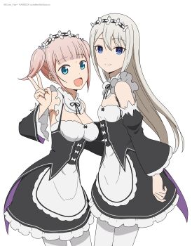 2girls aqua_eyes bib_collar black_sleeves blue_eyes bow breasts cleavage closed_mouth commentary coro_fae cowboy_shot detached_collar detached_sleeves dot_nose dress dress_bow flat_chest fujiwara_moeha hand_up highres kaguya-sama_wa_kokurasetai_~tensai-tachi_no_renai_zunousen~ large_breasts long_sleeves looking_at_viewer medium_dress multiple_girls open_mouth pantyhose pink_hair shirogane_kei short_hair sidelocks simple_background sleeveless sleeveless_dress smile split_mouth two-tone_dress two_side_up v white_background white_pantyhose wide_sleeves