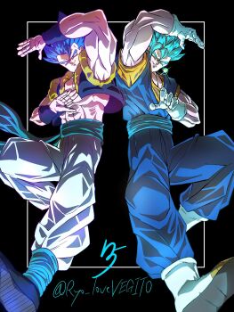2boys abs arm_above_head black_background black_vest blue_eyes blue_hair blue_pants blue_sash blue_shirt boots commentary dougi dragon_ball dragon_ball_super dragon_ball_super_broly earrings english_commentary full_body gloves gogeta highres jewelry male_focus medium_hair metamoran_vest multiple_boys muscular muscular_male no_shirt open_clothes open_vest orange_shirt pants potara_earrings ryo_lovevegito sash shirt signature simple_background smirk spiked_hair super_saiyan super_saiyan_blue symmetry twitter_username vegetto vest white_boots white_gloves white_pants