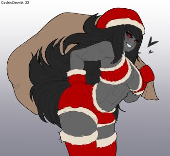 2022 abs artist_name breasts cedric_dewitt christmas colored_skin fur-trimmed_headwear fur_trim grey_skin halterneck hat heart hellhound_(monster_girl_encyclopedia) highres holding holding_sack long_hair mittens monster_girl_encyclopedia muscular muscular_arms muscular_female navel red_eyes sack santa_costume santa_hat thighhighs thighs
