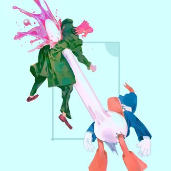 2boys blood blue_shirt coat death disney donald_duck donald_duck_boner_(meme) erection green_coat green_pants hat hieumay highres impaled jojo_no_kimyou_na_bouken kakyoin_noriaki meme mickey_mouse_&amp;_friends multiple_boys pants pun red_hair saludos_amigos shirt stardust_crusaders the_three_caballeros what