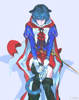 1boy animal_ears ascot bad_source blue_eyes blue_hair boots cape cat_boy cat_ears cat_tail feet_out_of_frame gloves gundam highres juliet_sleeves kamille_bidan long_sleeves male_focus puffy_sleeves pulppunk001 red_cape red_shorts short_hair shorts simple_background sitting solo tail thigh_boots weibo_username white_gloves zeta_gundam