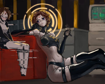 2girls alternate_hair_color alternate_hairstyle android black_gloves blue_eyes blush bodysuit breasts brown_hair commentary commission couch covered_navel crt cup disposable_coffee_cup disposable_cup distortion elbow_gloves english_commentary facial_mark falke_(signalis) forehead_mark gloves grey_bodysuit halo height_difference implied_yuri kolibri_(signalis) latex latex_gloves latex_thighhighs laurel_crown legs_together long_legs medium_breasts multiple_girls no_feet on_floor oreshek panties_over_bodysuit pinky_out short_hair signalis sitting skin_tight solo_focus tall_female thighhighs