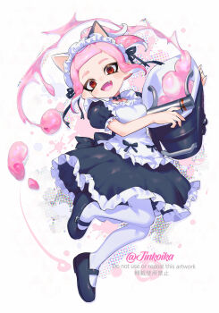 1girl animal_ears black_dress black_ribbon black_shoes blunt_bangs breasts cat_ears chinese_commentary copyright_notice dress english_text fang floating frilled_dress frilled_sleeves frills hair_ribbon happy highres holding jinkoika liquid looking_at_viewer maid maid_headdress medium_breasts medium_dress nintendo octoling octoling_girl octoling_player_character red_eyes ribbon shoes short_hair short_sleeves sidelocks smile solo splatoon_(series) thighhighs twitter_username white_background white_thighhighs