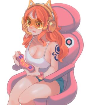 1girl animal_ear_headphones animal_ears bare_legs blue_shorts breasts camisole cat_ear_headphones cat_ears chair cleavage commentary_request controller fake_animal_ears feet_out_of_frame game_controller gaming_chair headphones headset holding holding_controller holding_game_controller large_breasts long_hair nami_(one_piece) official_alternate_costume one_piece orange-tinted_eyewear orange_eyes orange_hair pandar_op playing_games short_shorts shorts shoulder_tattoo sitting solo spaghetti_strap swivel_chair tattoo tinted_eyewear tongue tongue_out white_background white_camisole