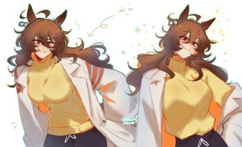 1girl :d absurdres aged_up agnes_tachyon_(tach-nology)_(umamusume) agnes_tachyon_(umamusume) ahoge alternate_hair_length alternate_hairstyle animal_ears artist_name black_pants breasts brown_hair calamity_brezze closed_mouth commentary earrings english_commentary grin hair_between_eyes highres horse_ears horse_girl jewelry lab_coat large_breasts leaning_forward long_hair long_sleeves looking_at_viewer multiple_views open_mouth pants red_eyes single_earring smile sparkle sparkling_aura sweater umamusume upper_body v-shaped_eyebrows white_background yellow_sweater
