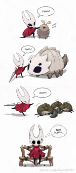 1girl arthropod_girl bell_beast_(hollow_knight) bench black_skin cloak colored_skin commentary english_commentary english_text flea_(hollow_knight) full_body highres holding holding_weapon hollow_eyes hollow_knight hollow_knight:_silksong horned_mask hornet_(hollow_knight) mask monster muckroach needle_(hollow_knight) red_cloak silverfox5213 simple_background sitting standing weapon white_background white_mask