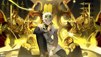 1boy absurdres arm_warmers armor bare_shoulders black_arm_warmers black_pants coat coin copyright_name copyright_notice dark_background earrings eyewear_on_head feet_out_of_frame gold_armor gold_theme highres holding holding_coin janus_(xinyue_tongxing) jewelry knee_up logo looking_at_viewer male_focus official_art official_wallpaper pants short_hair single_arm_warmer sitting sleeveless sleeveless_coat smile solo sunglasses sword throne toned toned_male weapon white_hair xinyue_tongxing yellow_eyes