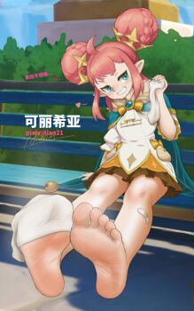 Rule 34 | 1girl, absurdres, alan21, bandaid, bandaid on leg, barefoot, blue eyes, blush, doule bun, feet, grin, highres, krithia (roco kingdom: world), long hair, pink hair, pointy ears, roco kingdom: world, smile, socks, soles, steam, toes, unworn socks, white socks