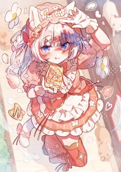 Rule 34 | 1girl, :3, :q, animal ear fluff, animal ears, arm up, artist name, blush, bow, bowtie, bread, bread slice, brown shoes, cat ears, cat girl, cat tail, closed mouth, commentary, dress, flower, food, food-themed hair ornament, frilled dress, frills, full body, gloves, hair ornament, hat, holding, holding food, long hair, looking at viewer, multicolored hair, orange dress, original, pink bow, pink hat, purple eyes, red bow, red bowtie, red hair, red thighhighs, shoes, short sleeves, solo, standing, strawberry hair ornament, streaked hair, symbol-only commentary, tail, tail bow, tail ornament, thighhighs, toast, tongue, tongue out, tsukumi bis, twitter username, two-tone hair, watermark, white flower, white gloves, white hair