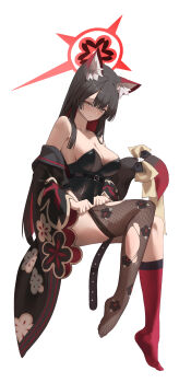 1girl absurdres animal_ear_fluff animal_ears black_kimono black_leotard blue_archive blush breasts cleavage closed_mouth commentary_request eyeshadow fox_ears fox_girl fox_tail halo highres hime_cut japanese_clothes kimono kneehighs korean_commentary large_breasts leotard long_hair makeup no_shoes pink_socks red_halo simple_background single_kneehigh single_sock single_thighhigh smile socks solo tail thighhighs torn_clothes torn_thighhighs vam_(js_vam) very_long_hair wakamo_(blue_archive) white_background yellow_eyes