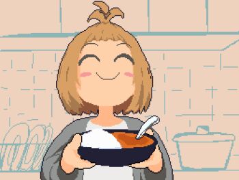 1girl ^_^ animated animated_gif blonde_hair blush_stickers closed_eyes curry curry_rice dialogue_box dropped_food food grey_jacket happy holding holding_plate jacket kawawagi kitchen original plate rice short_hair skipping slippers smile solo spilling topknot tripping