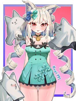 >_< 0_0 1girl 3others :3 animal_ears arknights artist_name bare_shoulders black_choker blush border breasts cameltoe choker commentary_request coretton_(arknights) dress drill_hair ghost_costume gradient_background green_dress green_hair green_ribbon hair_ribbon highres inset_border large_breasts long_hair mesugaki morpheus_(arknights) multiple_others nagi795 orange_hair panties pendant_choker pink_background purple_border ribbon thigh_gap tongue tongue_out twin_drills underwear white_border white_panties wolf_ears wolf_girl