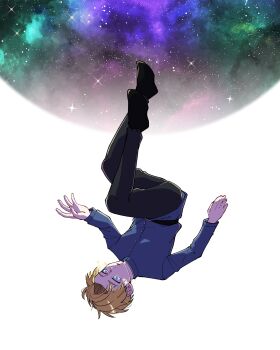 Rule 34 | 1boy, absurdres, belt, black pants, black shoes, blonde hair, blue eyes, blue jacket, buttons, chi.: chikyuu no undou ni tsuite, commentary request, falling, highres, jacket, long sleeves, male focus, pants, rafal (chi.), shoes, short hair, simple background, sky, solo, star (sky), starry sky, suzuki sopo, upside-down, white background