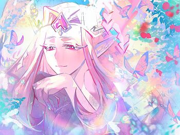 Rule 34 | 1girl, angel, colored skin, cookie run, cookie run: kingdom, demon girl, dress, eternal sugar cookie, long hair, looking at viewer, pcacao, pink eyes, pink hair, pink skin, solo