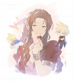 1boy 1girl aerith_gainsborough aqua_eyes armor belt black_boots black_gloves black_pants black_shirt blonde_hair boots box braid braided_ponytail breasts brown_hair buster_sword candy chibi chibi_inset chocobo chocolate chocolate_heart choker cleavage cloud_strife commentary_request crossed_arms dress final_fantasy final_fantasy_vii food gift gift_box gloves green_eyes hair_ribbon heart heart-shaped_food highres holding holding_chocolate holding_food jacket linerhan long_hair medium_breasts pants parted_bangs parted_lips pauldrons pink_dress pink_ribbon puffy_short_sleeves puffy_sleeves red_jacket ribbon ribbon_choker shirt short_hair short_sleeves shoulder_armor sidelocks silver_bangle single_bare_shoulder single_braid single_pauldron smile spiked_hair sword sword_on_back teeth upper_body weapon weapon_on_back white_day