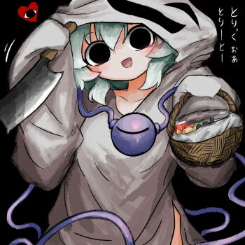 1girl basket black_background black_eyes candy commentary_request eyeball food ghost_costume green_hair halloween halloween_costume heart heripantomorrow holding holding_basket holding_knife knife komeiji_koishi looking_at_viewer third_eye touhou translated trick_or_treat upper_body
