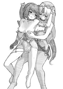 Rule 34 | 2girls, absurdres, barefoot, black swan (honkai: star rail), blush, breasts, cleavage, collar, commentary request, dress, dress tug, grabbing another's breast, grabbing from behind, greyscale, groping, hatching (texture), height difference, highres, honkai: star rail, honkai (series), invisible chair, long hair, looking back, medium breasts, mole, mole under each eye, mole under eye, monochrome, multiple girls, multiple moles, nipple stimulation, nipple tweak, nipples, noe aoikaba, o-ring, o-ring thigh strap, pantyhose, short dress, shoulder tattoo, sitting, sitting on lap, sitting on person, sparkle (honkai: star rail), tattoo, thigh strap, twintails, veil, yuri