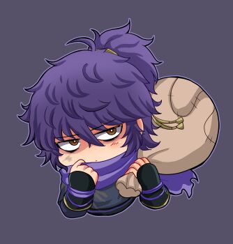 1boy absurdres bags_under_eyes black_gloves brown_eyes closed_mouth commentary_request fingerless_gloves gloves grey_background hair_between_eyes highres holding holding_sack koruri456 ling_(mahjong_soul) looking_at_viewer mahjong_soul male_focus messy_hair ninja purple_hair purple_scarf sack scarf short_hair simple_background solo upper_body