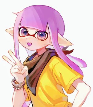 Rule 34 | 1girl, :d, bandana, bandana around neck, black bandana, bracelet, colored tongue, commentary request, fangs, hand up, highres, inkling, inkling girl, inkling player character, jewelry, kodak painter, long hair, long pointy ears, looking at viewer, nintendo, open mouth, pointy ears, purple eyes, purple hair, purple tongue, shirt, short sleeves, simple background, smile, solo, splatoon (series), t-shirt, tentacle hair, upper body, v, white background, yellow shirt