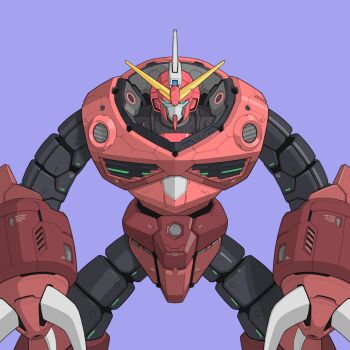 antennae bmwsb0 claws commentary glowing glowing_eye green_eyes gundam gundam_seed gundam_seed_freedom highres infinite_justice_gundam_type_ii machine machinery mecha mecha_focus mobile_suit mobile_suit_gundam no_humans portrait purple_background redesign robot science_fiction solo straight-on v-fin z'gok z'gok_(seed) z'gok_char_custom zeon