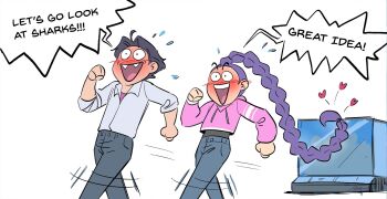 Rule 34 | 1boy, 1girl, black hair, blush, braid, braided ponytail, clenched hands, commentary, denim, embarrassed, english commentary, english text, flying sweatdrops, heart, highres, jeans, jinu (kpop demon hunters), kpop demon hunters, pants, purple hair, rumi (kpop demon hunters), shirt, short hair, speech bubble, tenyais, white shirt