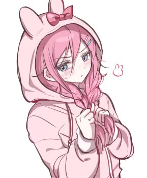 1girl absurdres alternate_costume aubrey_(faraway)_(omori) aubrey_(omori) blue_eyes blush bow braid double-parted_bangs hair_between_eyes hair_ornament hairclip highres hood hood_up hoodie long_hair long_sleeves looking_at_viewer low_twin_braids omori parted_lips pink_bow pink_hair pink_hoodie simple_background solo twin_braids upper_body white_background wktdms1