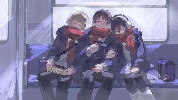 1girl 2boys armin_arlert bag bag_charm black_hair black_pantyhose blonde_hair blue_coat brown_hair character_charm charm_(object) closed_eyes coat commentary_request earmuffs eren_yeager feet_out_of_frame grey_skirt grey_sweater hair_between_eyes handheld_game_console highres holding holding_another's_arm holding_bag holding_handheld_game_console leaning_on_person leg_warmers mikasa_ackerman multiple_boys pantyhose parted_bangs parted_lips red_scarf rogue_titan scarf shingeki_no_kyojin shirt short_hair shoulder_bag sketch skirt sweater titan_(shingeki_no_kyojin) train_interior white_leg_warmers white_shirt yun_(dl2n5c7kbh8ihcx)