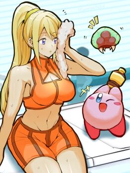 +++ 1girl ;d armpits blonde_hair blue_eyes breasts cleavage_cutout closed_mouth clothing_cutout commentary cowboy_shot creature crop_top crossover dot_mouth drink english_commentary floating groin high_collar high_ponytail highres holding holding_drink kirby kirby_(series) large_breasts looking_at_another metroid metroid:_zero_mission metroid_(creature) navel nintendo notice_lines one_eye_closed open_mouth orange_shirt orange_shorts ponytail samus_aran shirt shorts sidelocks sitting sleeveless sleeveless_shirt smile solo_focus star_yoshi striped_clothes striped_shorts super_smash_bros. sweat tight_clothes vertical-striped_clothes vertical-striped_shorts wiping_sweat