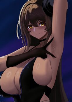 1girl armpits black_choker black_dress black_gloves breasts brown_hair choker cleavage closed_mouth commentary dark-skinned_female dark_skin dress english_commentary evening_gown gloves goddess_of_victory:_nikke hat highres huge_breasts looking_at_viewer mini_hat noir_(nikke) official_alternate_costume smile solo v yellow_eyes yeux_a