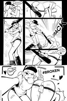 ball_busting bandaid bandaid_on_leg baseball_bat baseball_cap broken_egg castration close-up comic coomercomics cum ejaculation english_text face_down femdom hashtag hat highres pen selfie spiked_boots v