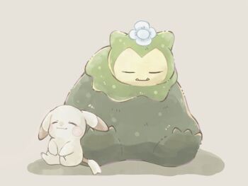 =_= alternate_color alternate_form closed_eyes closed_mouth commentary_request droopy_ears ears_down fangs flower flower_on_head full_body gen_1_pokemon moss mosslax nintendo no_humans peakychu pikachu pokemon pokemon_(creature) pokemon_focus pokemon_pokopia sitting sleeping snorlax sstk3617118 tail