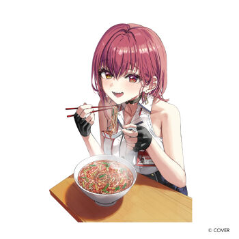 1girl black_gloves bowl chopsticks eating fingerless_gloves food gloves heterochromia hololive houshou_marine noodles ramen red_hair shirt sleeveless sleeveless_shirt solo spoon wata_(attaka_towel)