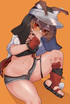Rule 34 | 1girl, animal ears, arknights, artist name, bandeau, belt, black bandeau, blush, breasts, brown hair, caper (arknights), caper (summer flowers) (arknights), commentary, criss-cross straps, cuddz, denim, denim shorts, ears through hood, english commentary, female pubic hair, fingerless gloves, frayed shorts, gloves, highres, jacket, looking at viewer, medium breasts, midriff, mole, mole on thigh, navel, official alternate costume, open belt, open mouth, orange background, presenting kneepit, pubic hair, rabbit ears, red eyes, red gloves, short hair, short shorts, shorts, simple background, skindentation, smile, solo, spread kneepit, sunglasses, thick thighs, thigh strap, thighs, tinted eyewear, two-sided fabric, two-sided jacket, visor cap, white visor, yellow-tinted eyewear
