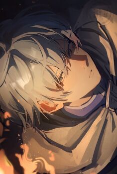 Rule 34 | 1boy, arc pic, blue eyes, blue shirt, cape, close-up, closed mouth, commentary, grey hair, hashtag-only commentary, highres, himmel (sousou no frieren), looking to the side, male focus, shirt, sideways, sideways glance, solo, sousou no frieren, watermark, white cape
