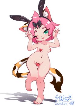 1girl ;p absurdres alternate_costume animal_ear_fluff animal_ear_hairband animal_ears bangs_pinned_back barefoot blush breasts cat_ears cat_girl cat_tail dated diona_(genshin_impact) fake_animal_ears forehead full_body genshin_impact gluteal_fold green_eyes hairband heart_maebari heart_pasties highres huanchuang10772 looking_at_viewer maebari multicolored_tail nail_polish navel one_eye_closed pasties paw_pose pink_hair rabbit_ear_hairband rabbit_ears short_hair signature small_breasts smile solo tail thick_eyebrows thigh_gap toenail_polish toenails tongue tongue_out white_background