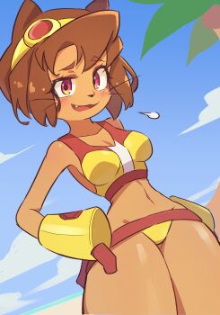 1girl absurdres alternate_costume animal_ears beach bikini blush breasts brown_hair cat_ears cat_girl cat_tail cleavage commentary cowboy_shot curvy dark-skinned_female dark_skin day english_commentary fang furry furry_female gameoverse gauntlets goggles goggles_on_head hand_on_own_hip highres kit_bodega large_breasts linea_alba looking_at_viewer lowleg lowleg_bikini madabau multicolored_bikini navel official_alternate_costume open_mouth red_bikini red_eyes short_hair solo swimsuit tail thighs two-tone_bikini whiskers wide_hips yellow_bikini yellow_gauntlets