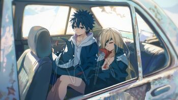 1boy 1girl a_certain_high_school_uniform absurdres black_cape black_eyes black_hair black_hoodie blonde_hair cape car_interior commentary_request eyepatch hat high_collar highres hood hoodie kamijou_touma long_hair maisuiren othinus school_uniform short_hair sitting sleeping smile spiked_hair toaru_majutsu_no_index toaru_majutsu_no_index:_new_testament winter_uniform witch_hat