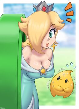 1girl artist_name bare_shoulders blonde_hair blue_dress blue_eyes blurry blurry_background border breasts brooch cajarito cleavage commentary crown dress earrings english_commentary eyelashes flying_sweatdrops hair_over_one_eye highres jewelry large_breasts long_hair looking_at_viewer luma_(mario) mario_(series) nintendo off-shoulder_dress off_shoulder outside_border parted_lips ring_light_reflection rosalina star_(symbol) star_brooch star_earrings super_mario_bros._wonder sweat warp_pipe white_border