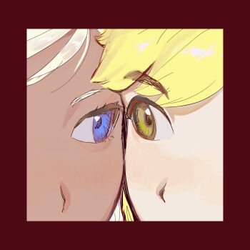 1boy 1girl blonde_hair blue_eyes blush border dark-skinned_female dark_skin eye_contact eye_focus grey_hair highres link looking_at_another nintendo red_border senzo6700 tetra the_legend_of_zelda the_legend_of_zelda:_the_wind_waker toon_link yellow_eyes