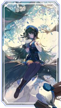 1girl absurdres bare_shoulders beret black_eyes black_gloves black_hair black_pantyhose black_skirt blue_hat breasts chinese_commentary closed_mouth commentary_request copyright_notice full_body gloves hat high-waist_skirt highres in_tree long_hair medium_breasts official_art pantyhose qinghejunzi single_glove sitting skirt smile solo tacet_mark_(wuthering_waves) tree very_long_hair wuthering_waves yangyang_(bird)_(wuthering_waves) yangyang_(wuthering_waves)