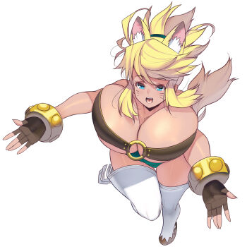 1girl :d absurdres animal_ear_fluff animal_ears belt_bra blonde_hair blue_eyes boots bouncing_breasts bracelet breasts curvy extra_ears facial_mark fangs floating_hair full_body gold_bracelet highres huge_breasts incoming_hug jumping kouno_(masao) liru looking_at_viewer o-ring o-ring_top open_mouth outstretched_arms ponytail pouncing renkin_san-kyuu_magical_pokaan short_shorts shorts sidelocks simple_background smile solo studded_bracelet tail thigh_boots whisker_markings white_background wolf_ears wolf_girl wolf_tail