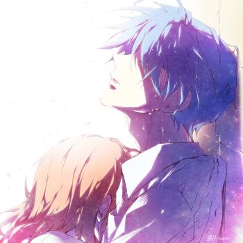 Rule 34 | 1boy, 1girl, blue hair, clannad, crying, from side, furukawa nagisa, h sueun, okazaki tomoya, shirt, white shirt