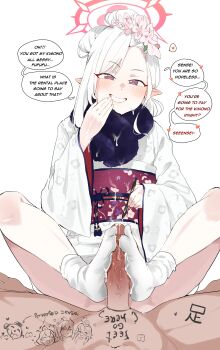 Rule 34 | 1boy, 1girl, absurdres, blue archive, body writing, cum, cum on body, cum on clothes, cum on hands, english text, erection, facial, feet, flower, footjob, footjob with legwear, grin, hair flower, hair ornament, halo, hetero, highres, japanese clothes, kimono, long sleeves, looking at viewer, mutsuki (blue archive), mutsuki (new year) (blue archive), niyoukoso, no shoes, penis, pointy ears, pov, purple eyes, red halo, simple background, smile, solo focus, speech bubble, two-footed footjob, uncensored, white background, white hair, white kimono, wide sleeves