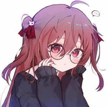 1girl ahoge arm_support black_cardigan blush brown_hair cardigan closed_mouth commentary commission dress_shirt evil_neuro-sama evil_neuro-sama_(1st_costume) from_side glasses hair_between_eyes hair_ornament hair_ribbon highres long_hair long_sleeves looking_at_viewer looking_back nail_polish neuro-sama off-shoulder_cardigan pinkpink939 red_eyes red_nails red_ribbon ribbon shirt simple_background skull_hair_ornament solo speech_bubble two_side_up untranslatable_commentary upper_body vedal_ai virtual_youtuber white_background white_shirt